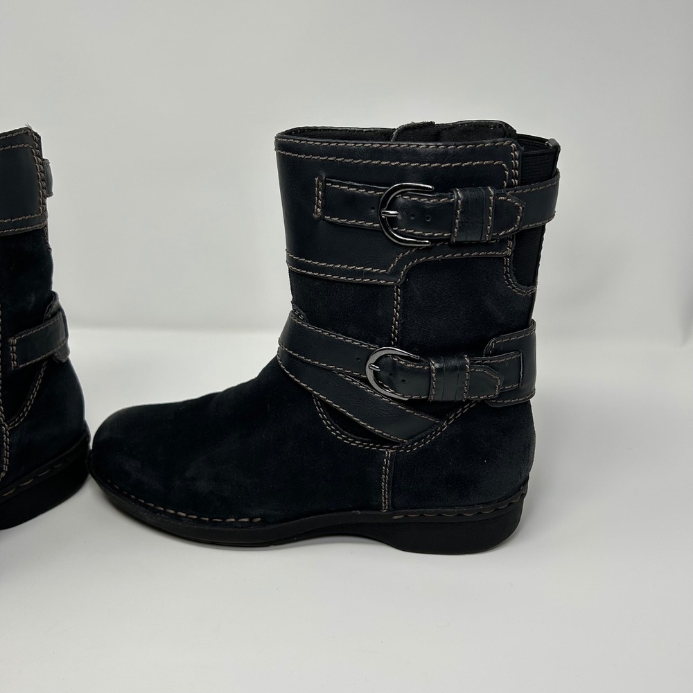 Clarks Artisan Black Suede Leather Moto Boots Buckle MidCalf Side Zip Womens 7.5 - Picture 4 of 14